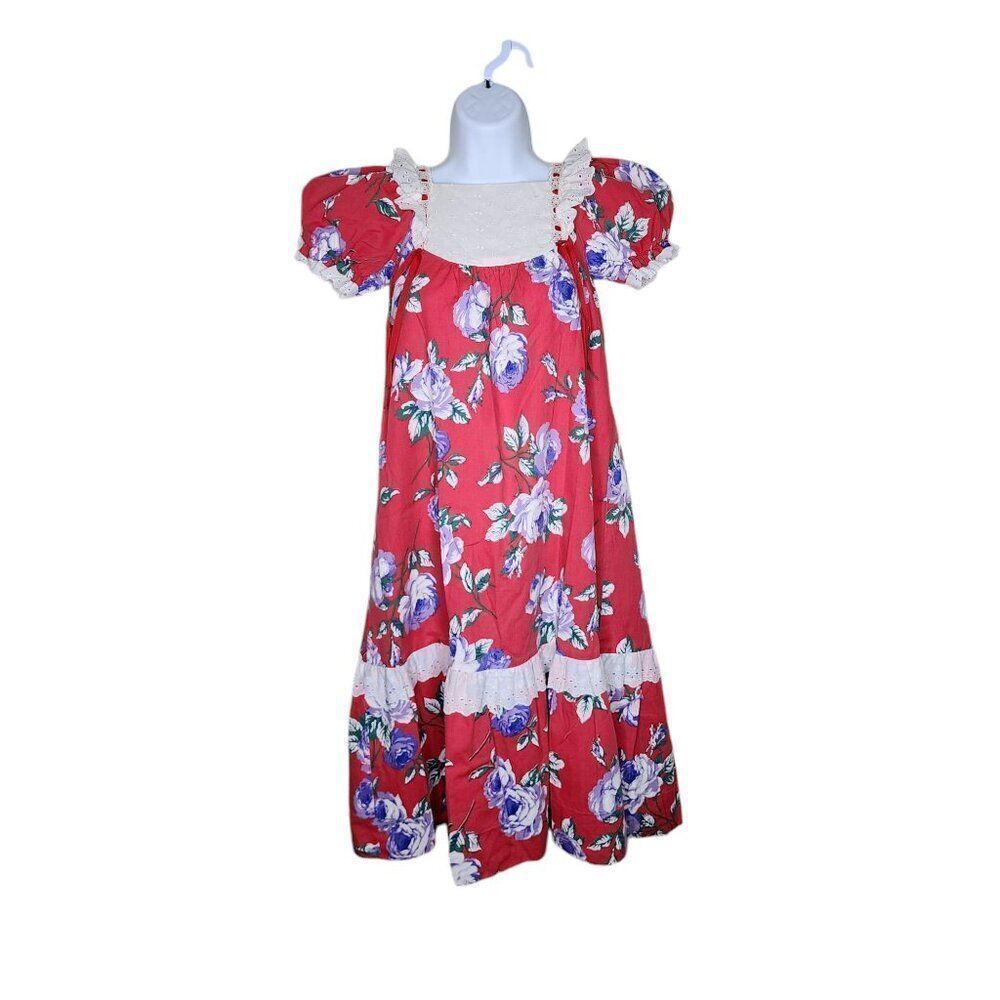 Vintage 80s Hawaiian Puff Sleeve Floral Dress Women Size S Red Midi